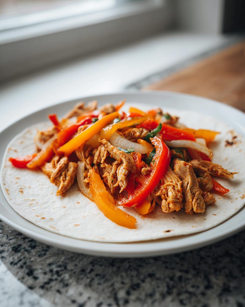 A single serving of shredded chicken and sautéed peppers and onions for crockpot chicken fajitas served on a soft flour tortilla.