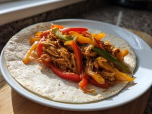 A single serving of shredded crockpot chicken fajitas mixed with colorful bell peppers served on a flour tortilla.