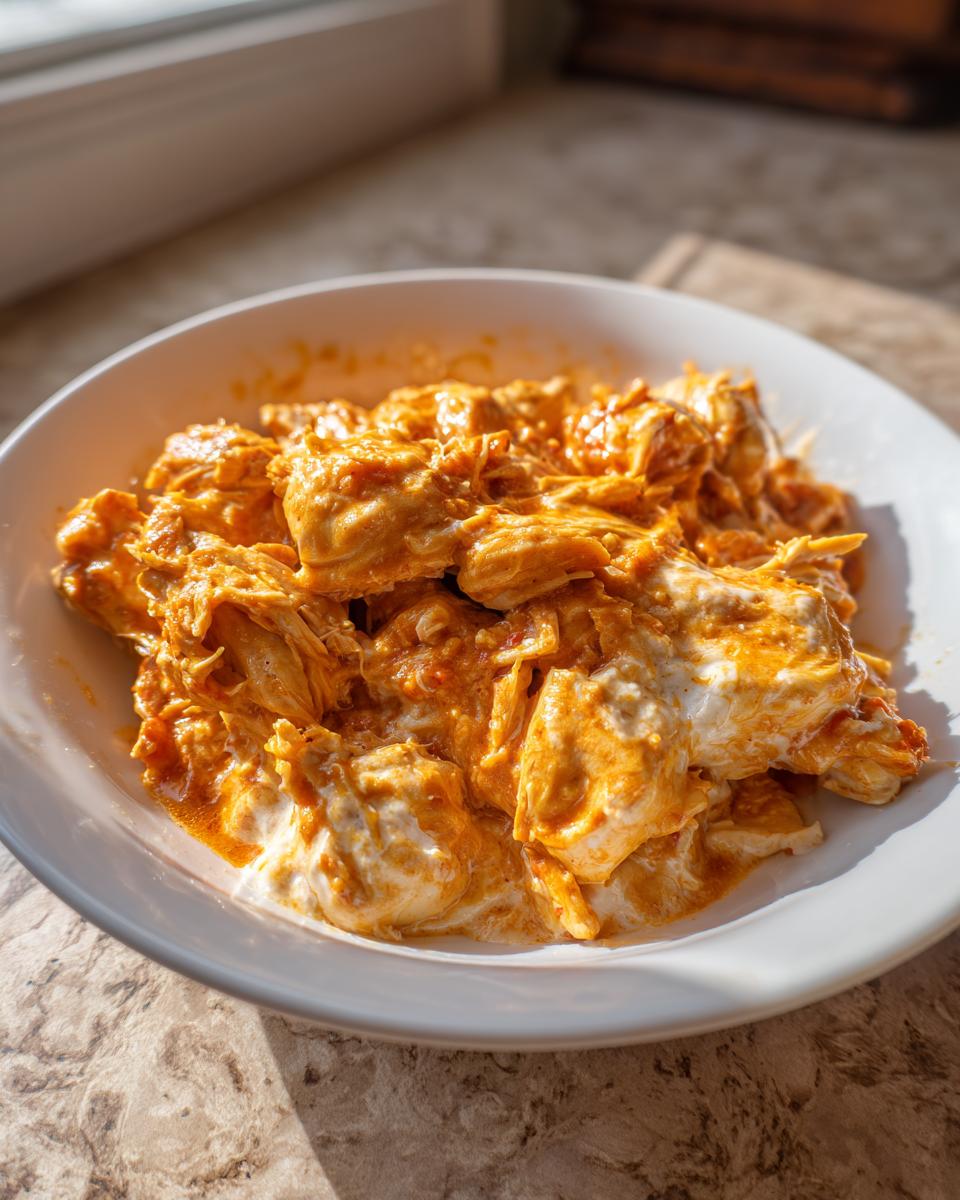Close-up of shredded chicken coated in a rich, creamy orange sauce, ready to serve as crockpot marry me chicken.