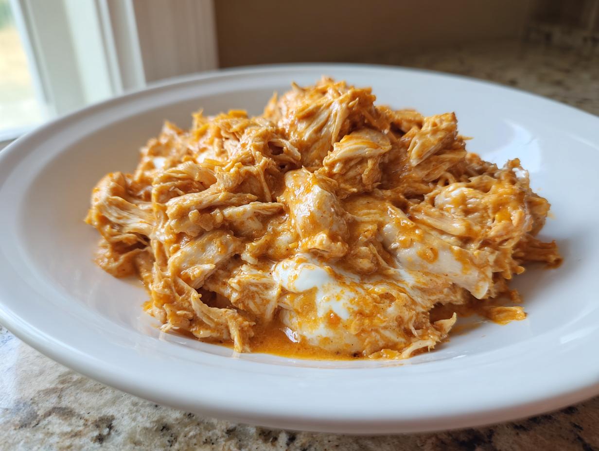A close-up of shredded chicken coated in a creamy, orange-hued sauce, served in a white bowl, representing crockpot marry me chicken.