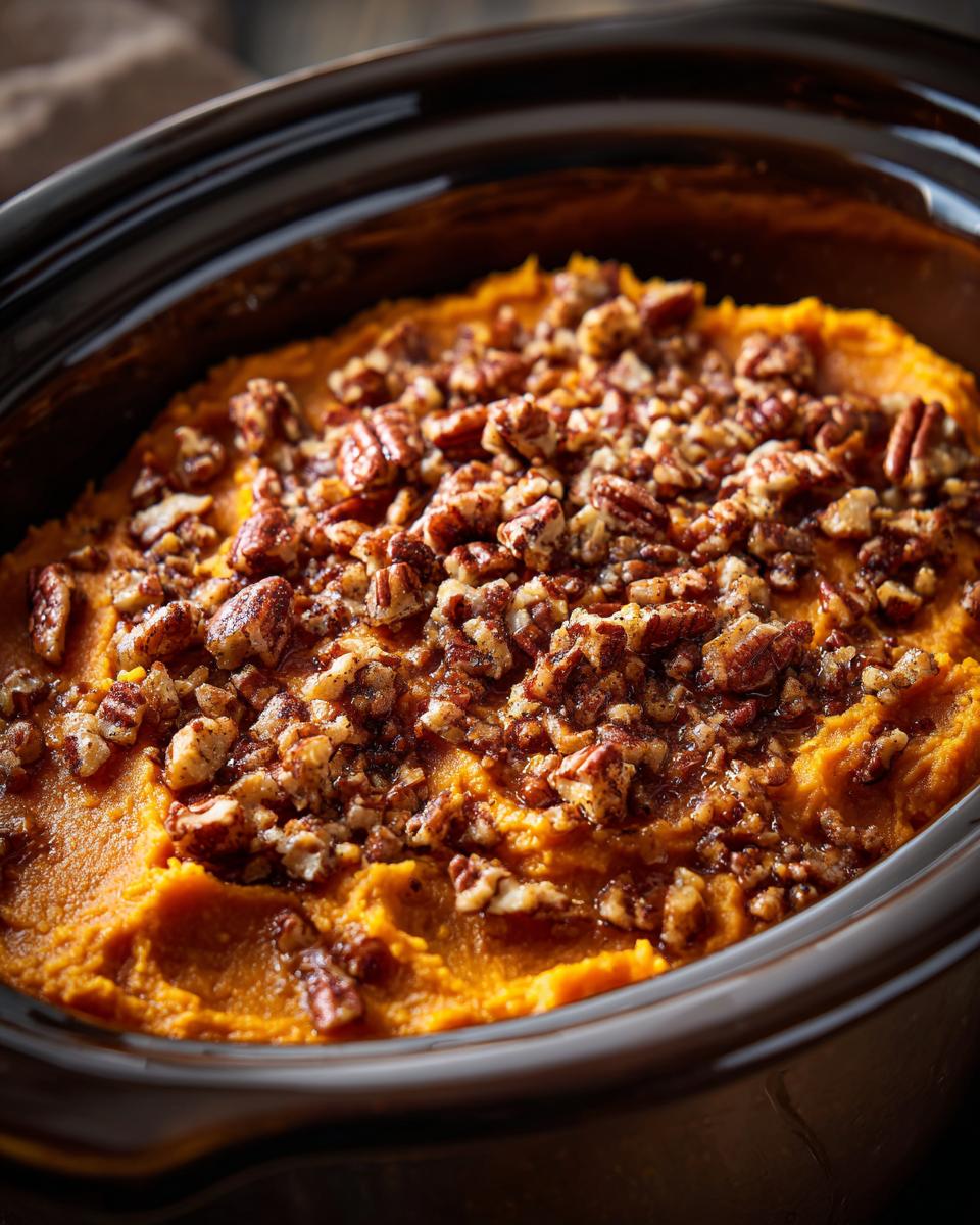 Close-up of creamy crockpot sweet potato casserole topped generously with a crunchy pecan streusel topping.