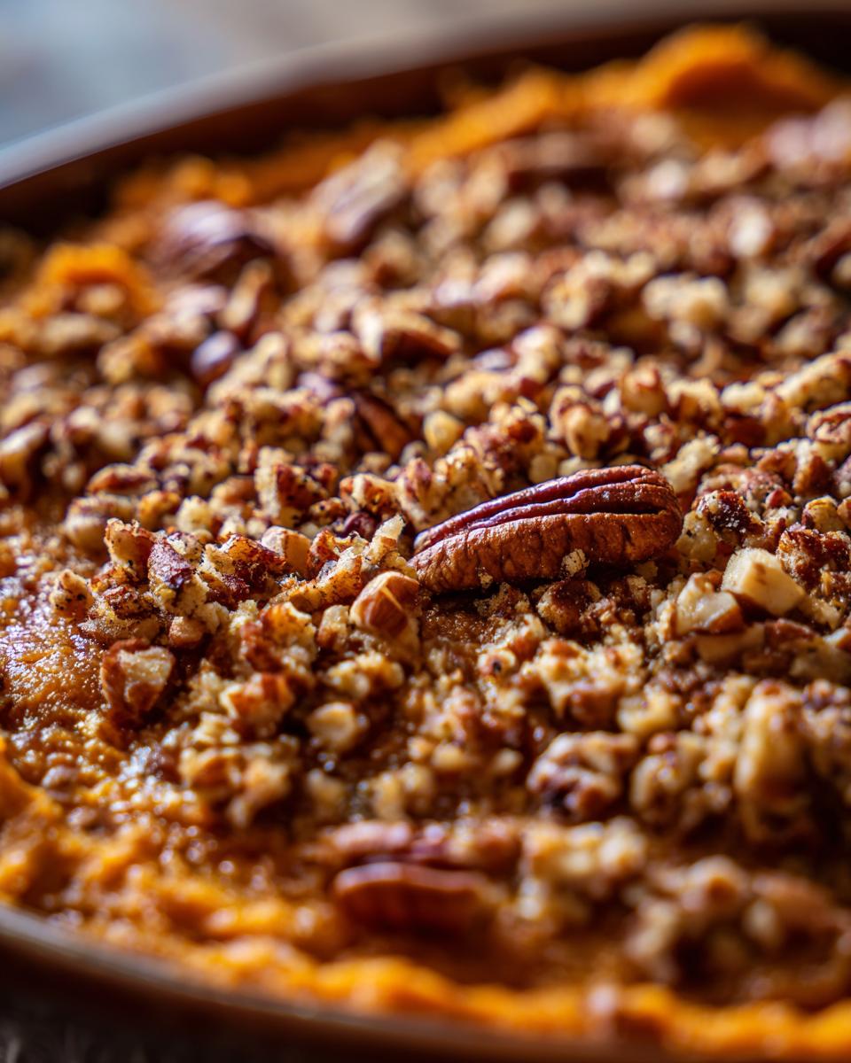 Close-up of a rich crockpot sweet potato casserole topped generously with a pecan crumble.