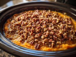 Close-up of an amazing crockpot sweet potato casserole topped generously with a brown sugar and pecan crumble.