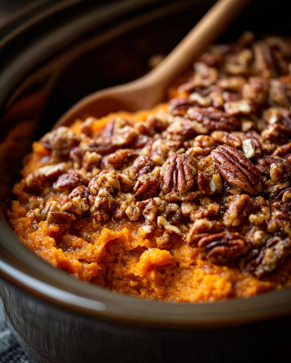 Close-up of creamy crockpot sweet potato casserole topped generously with toasted pecans.