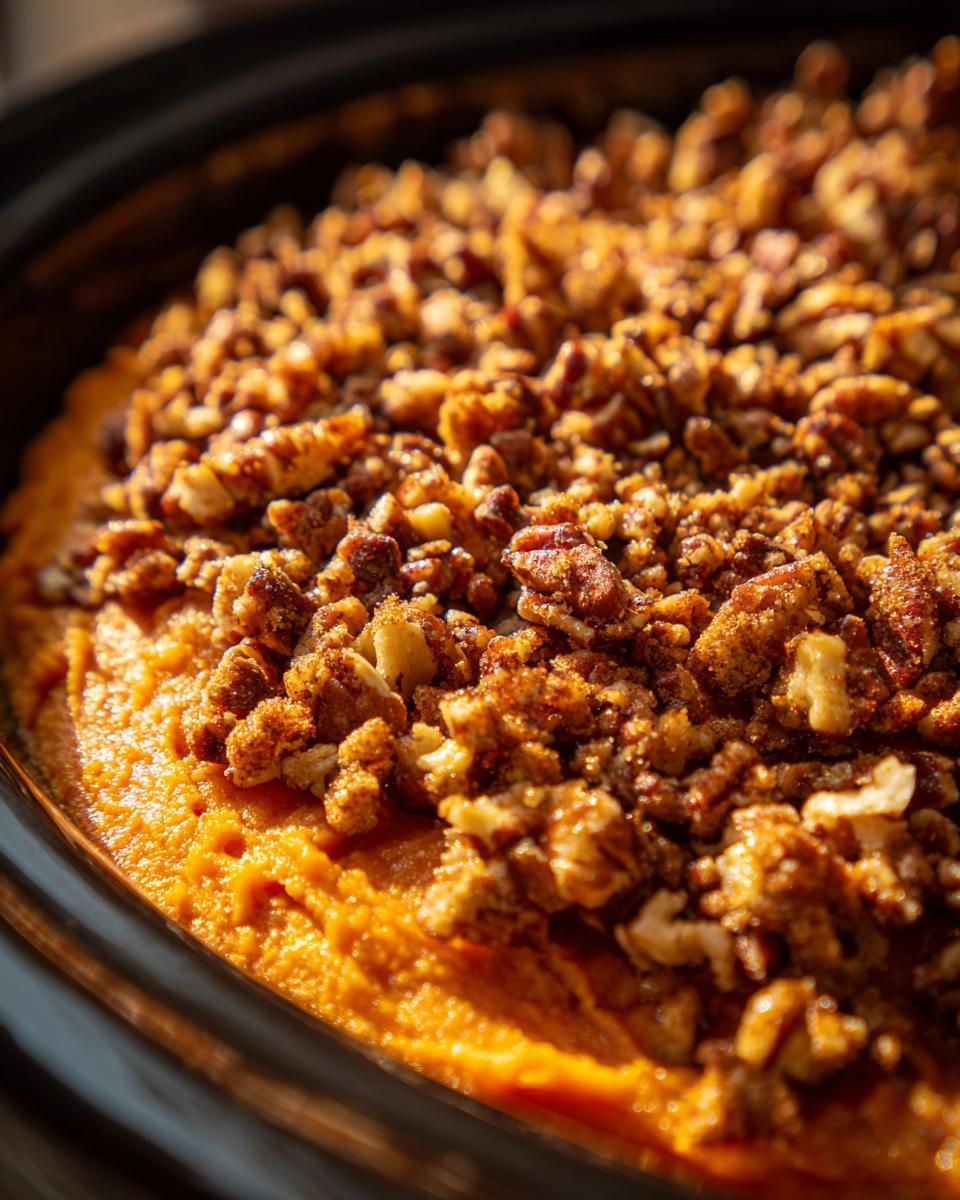 A close-up view of the crunchy pecan topping on a rich orange crockpot sweet potato casserole.