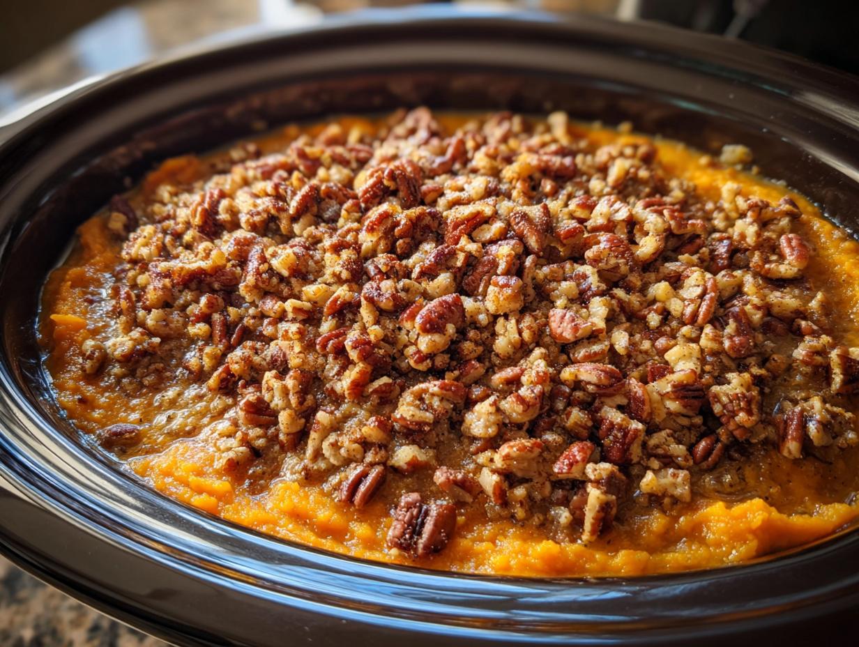 Close-up of an amazing crockpot sweet potato casserole topped generously with a brown sugar and pecan crumble.