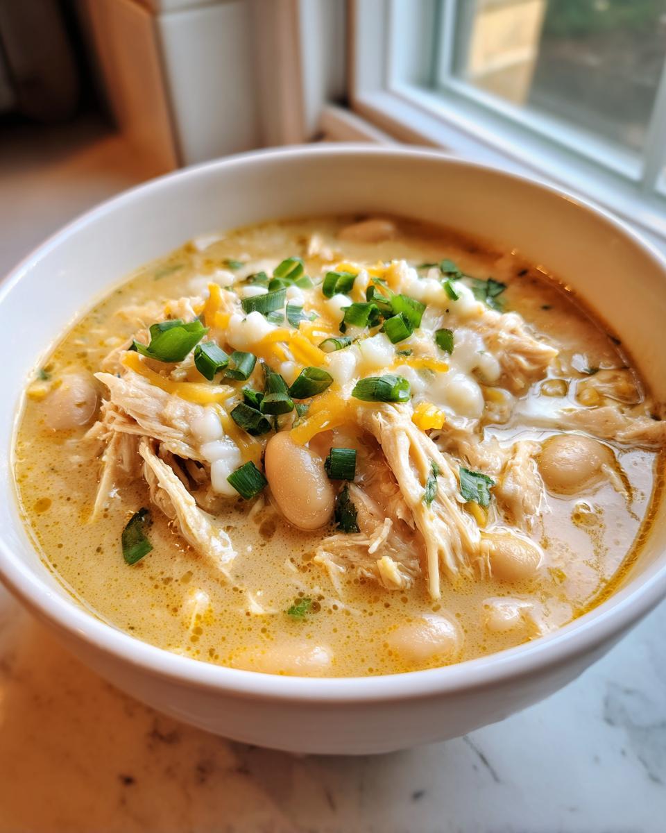 A close-up of a bowl of creamy crockpot white chicken chili topped with shredded chicken, white beans, melted cheese, and green onions.