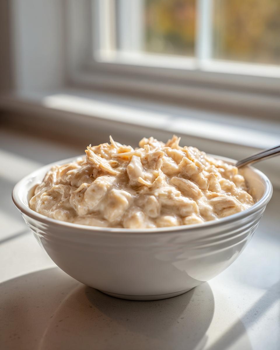 A close-up of a white bowl filled with creamy crockpot white chicken chili, featuring shredded chicken and beans.