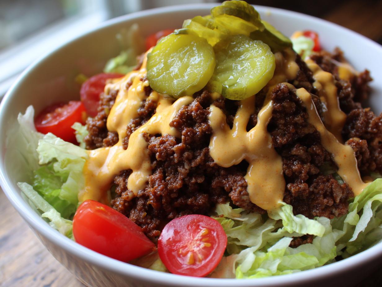 A close-up view of a cheeseburger bowl featuring seasoned ground beef, special sauce, lettuce, tomatoes, and pickle slices.