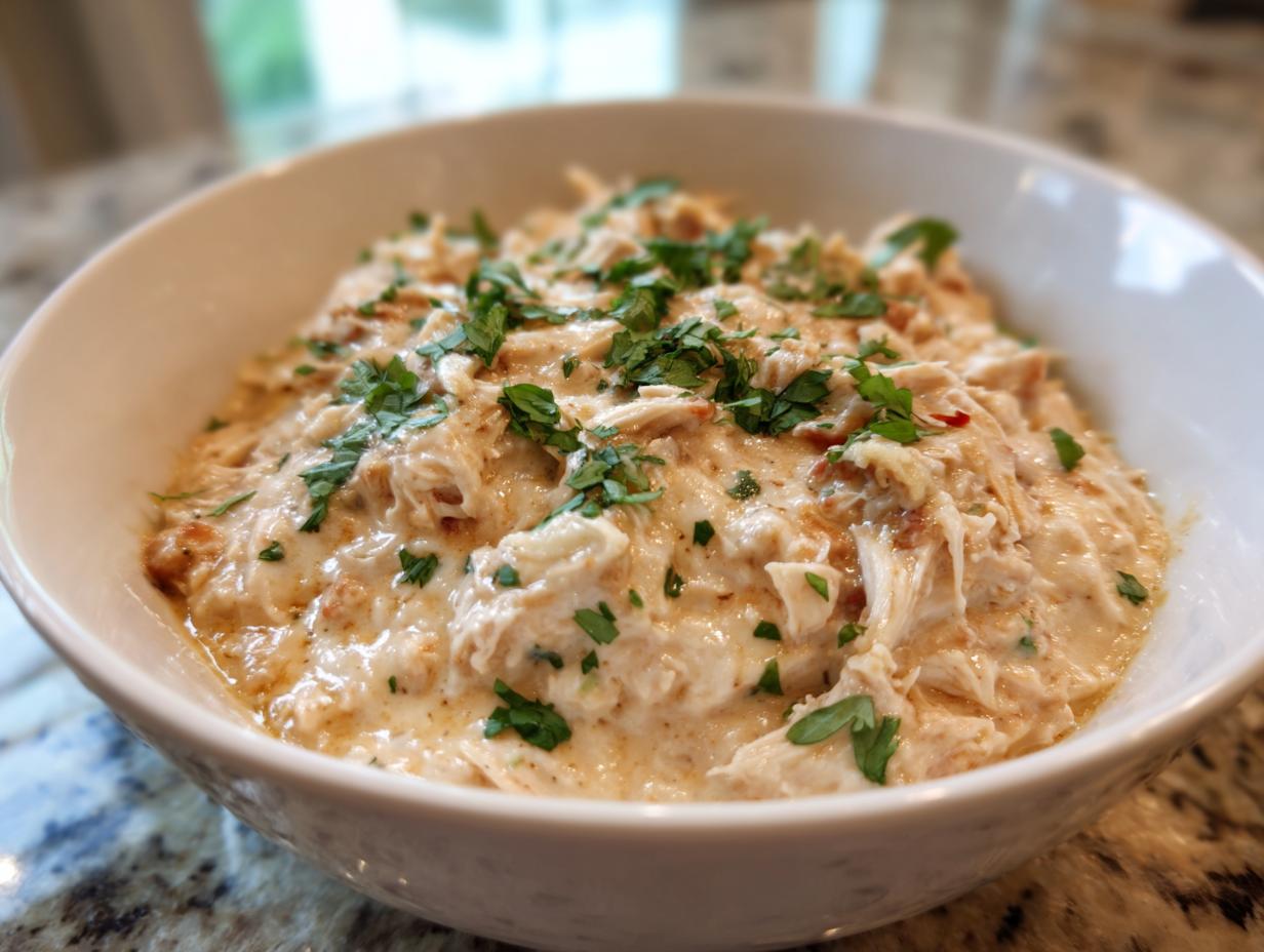 A close-up of a white bowl filled with creamy, shredded cream cheese chicken chili, garnished with fresh chopped parsley.