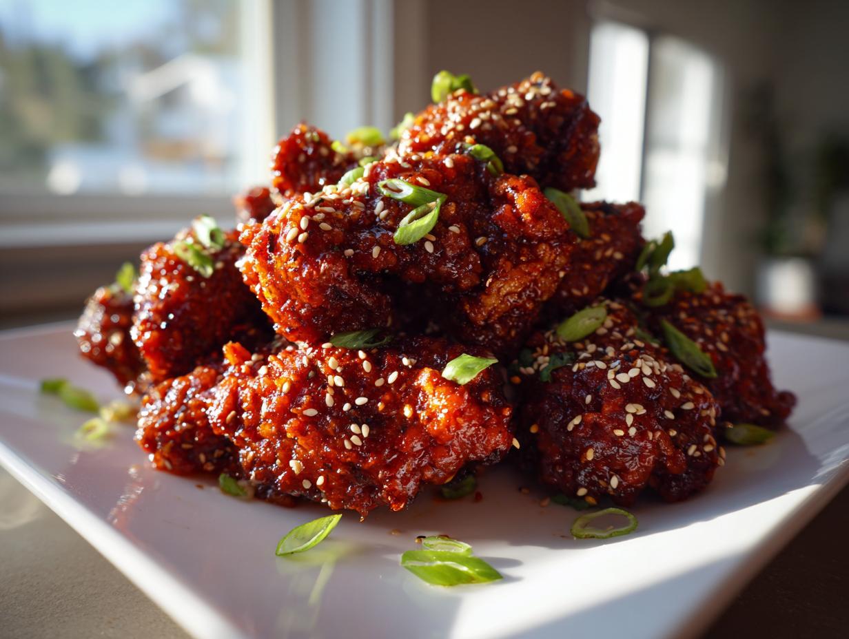 A pile of glossy, deep red korean fried chicken pieces topped with sesame seeds and green onions.