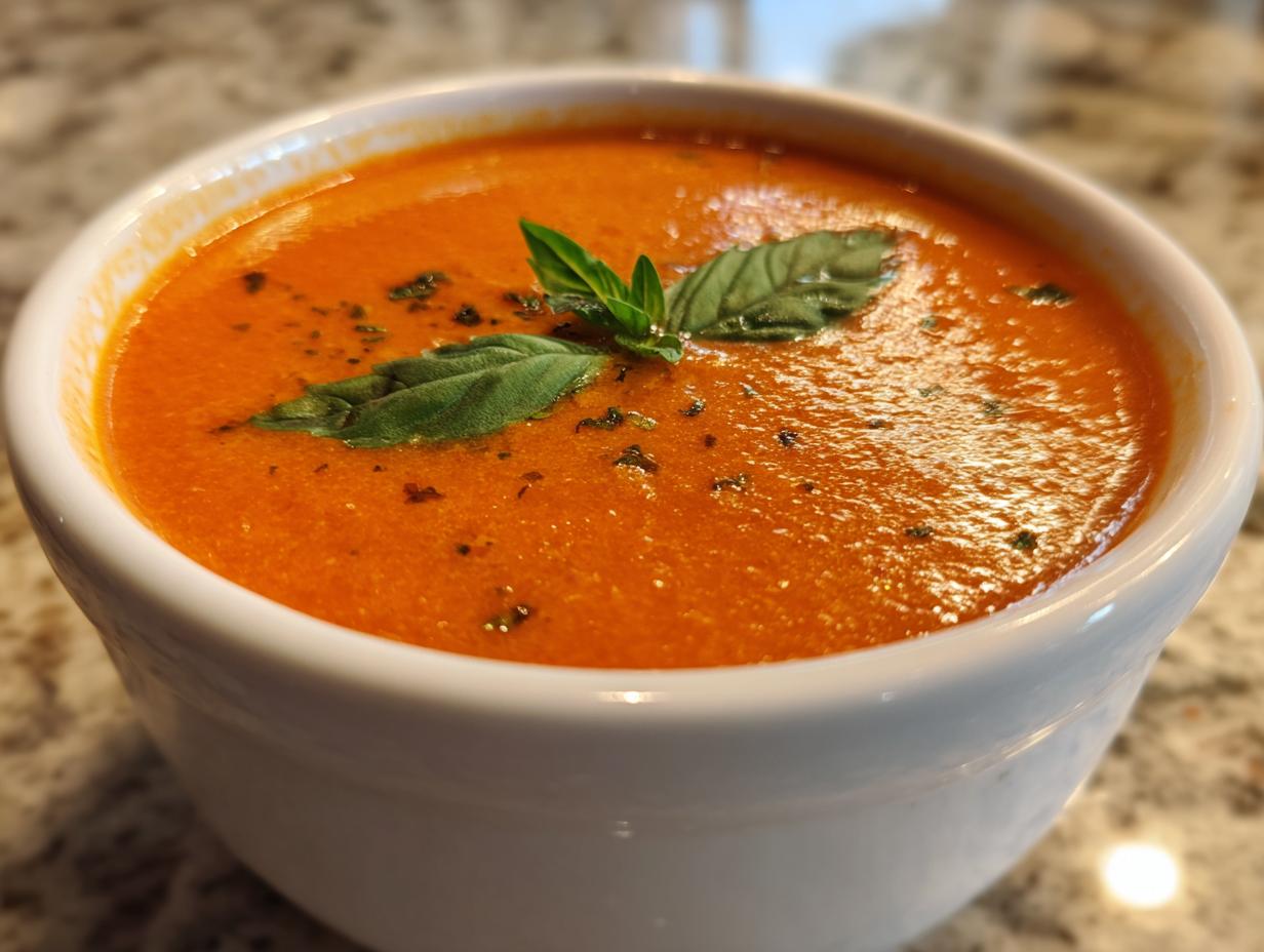 Close-up of a rich, creamy tomato bisque garnished with fresh basil leaves and herbs.