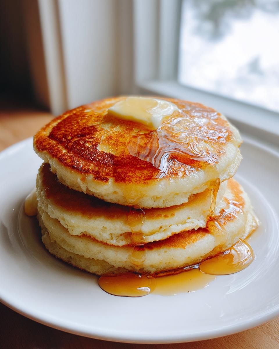 A tall stack of three fluffy sourdough discard pancakes topped with melting butter and drizzled with golden syrup.