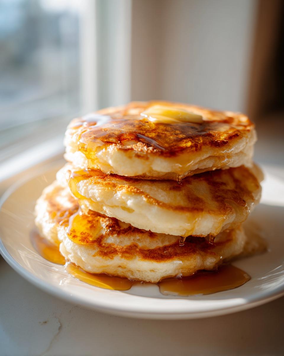 A stack of three fluffy sourdough discard pancakes drizzled with maple syrup and topped with butter.