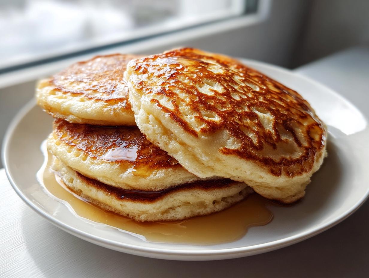 A stack of three fluffy sourdough discard pancakes drizzled generously with maple syrup on a white plate.