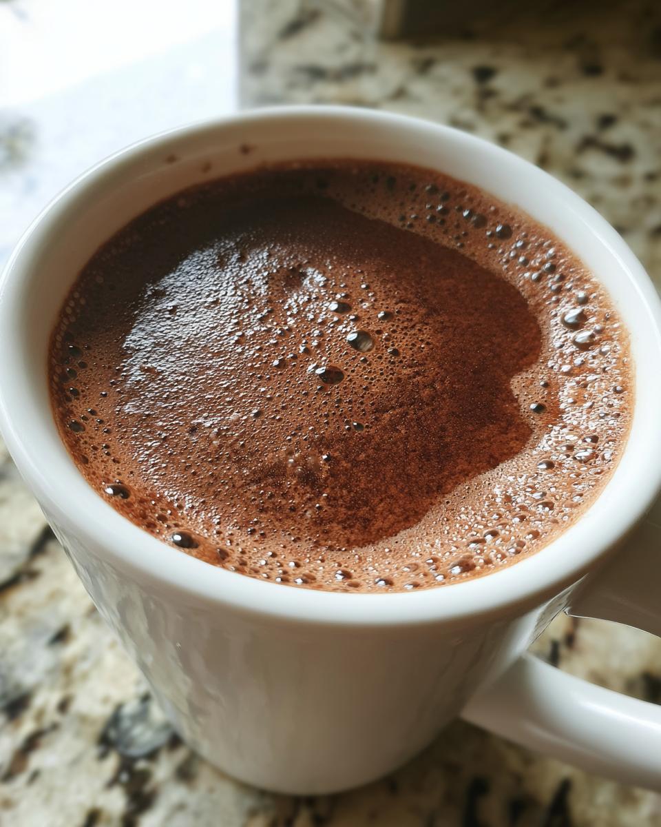 Close-up of a white mug filled with rich, frothy hot cocoa mix, resting on a granite countertop.