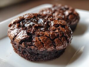 A close-up of a fudgy, dark chocolate brownie cookie with a crackled top and melted chocolate chips, sprinkled with sea salt.