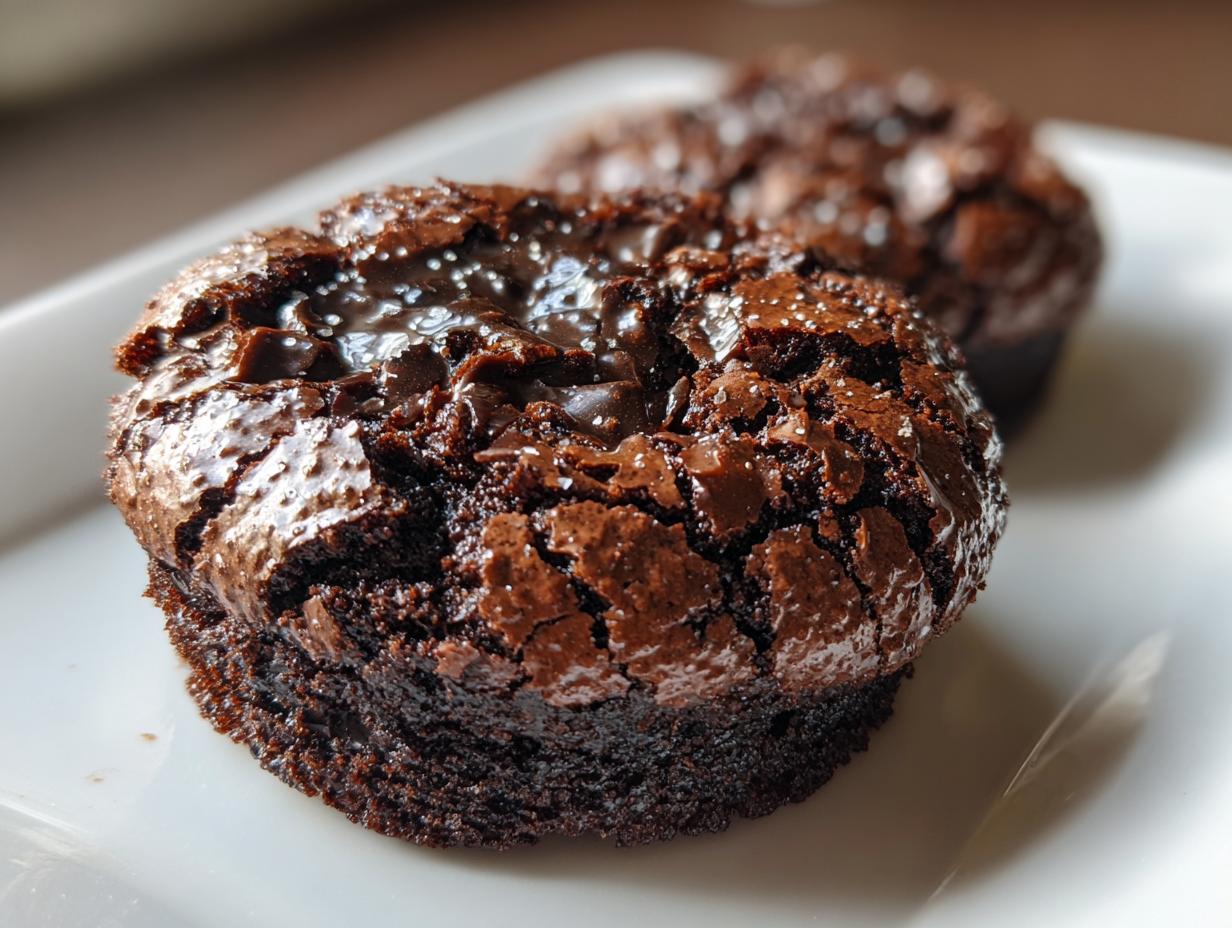 A close-up of a fudgy, dark chocolate brownie cookie with a crackled top and melted chocolate chips, sprinkled with sea salt.