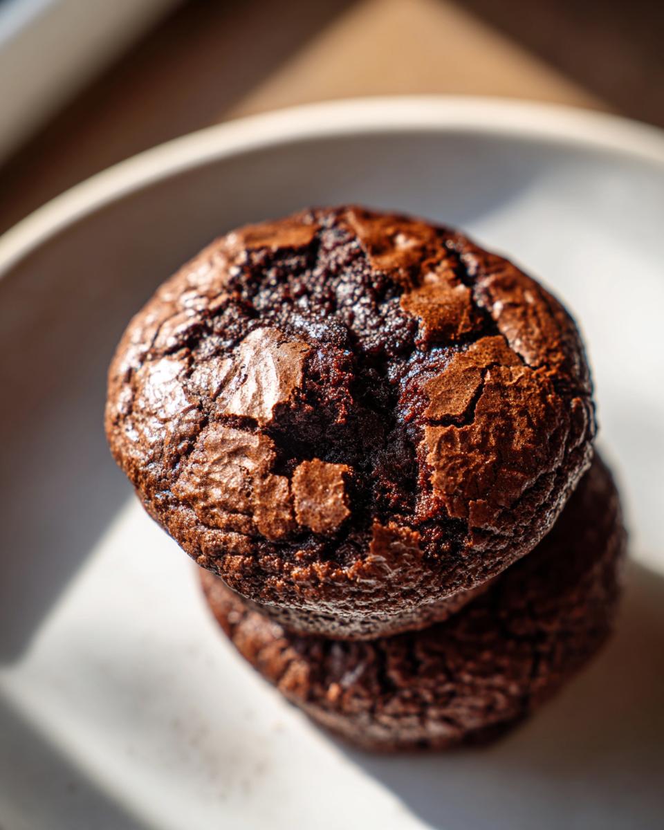 Close-up of two stacked, rich, dark chocolate brownie cookies with cracked, glossy tops.