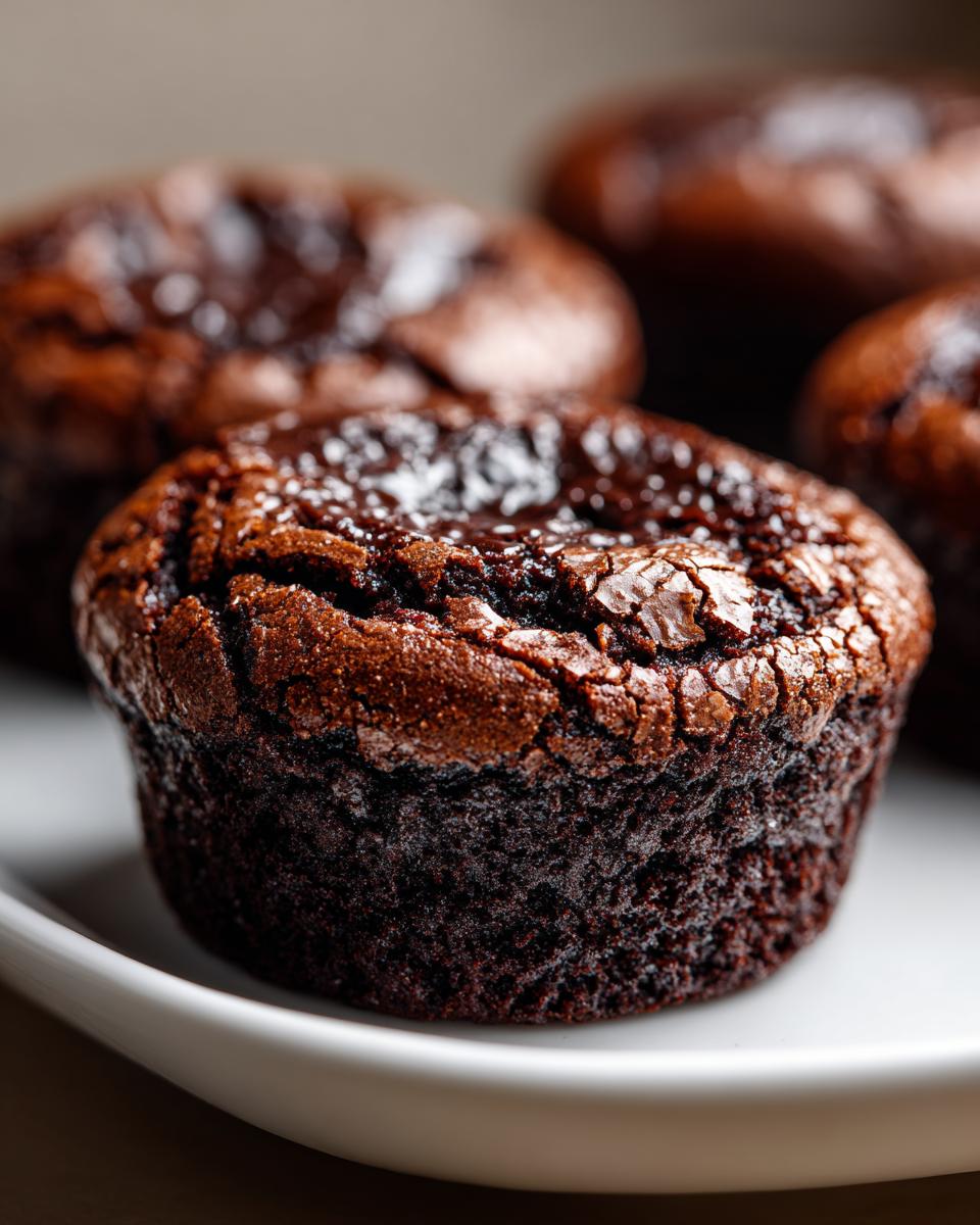 Close-up of a fudgy chocolate brownie cookie showing a shiny, cracked top texture.