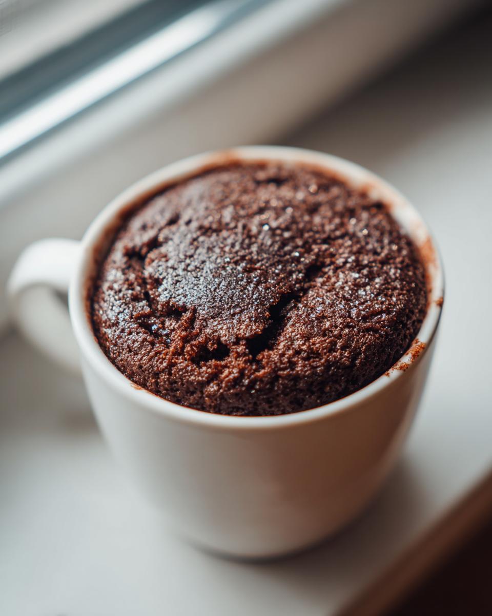 Close-up of a freshly baked, fudgy chocolate mug cake rising over the rim of a white ceramic mug.