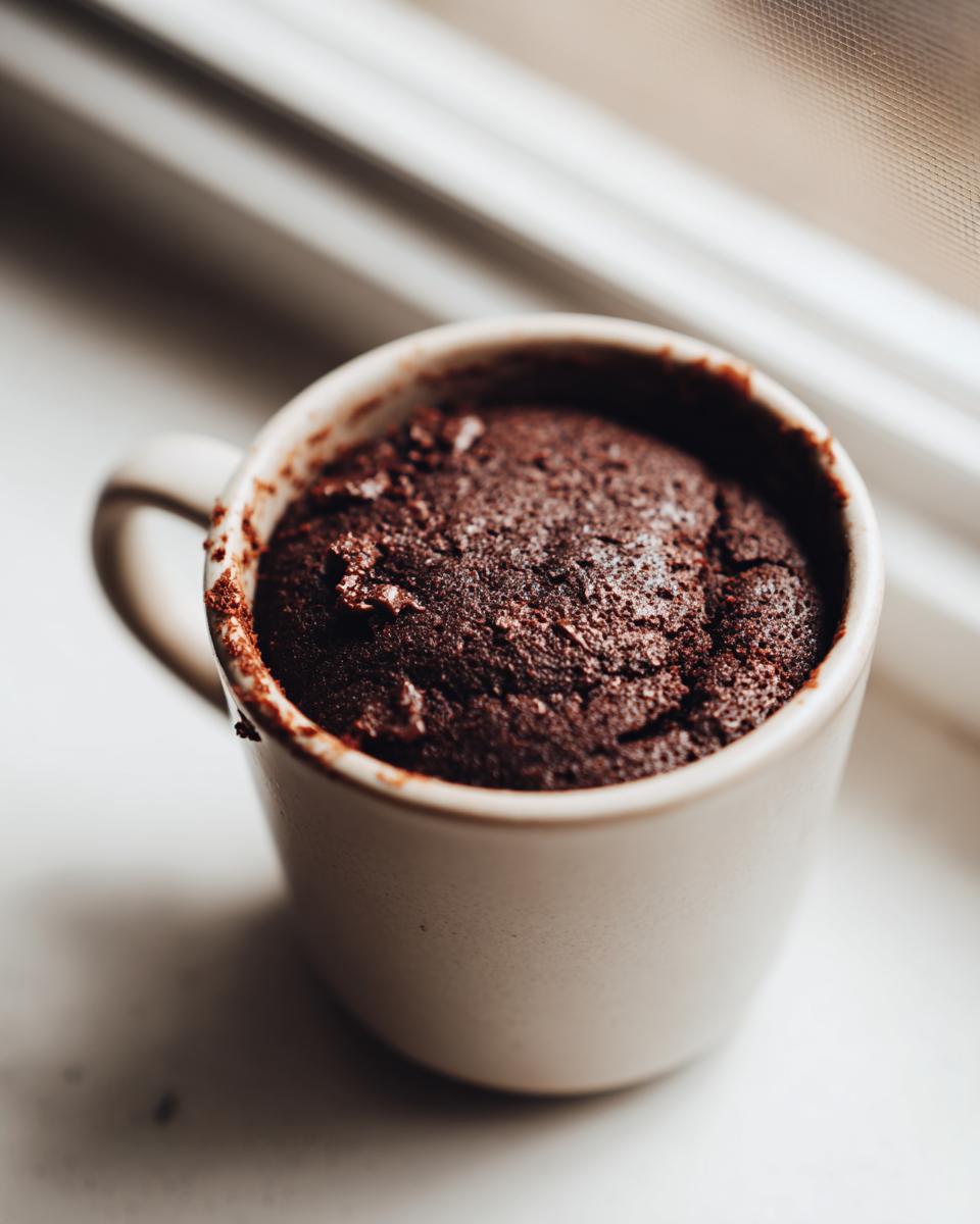Close-up of a rich, fudgy chocolate mug cake just finished baking in a light-colored mug.