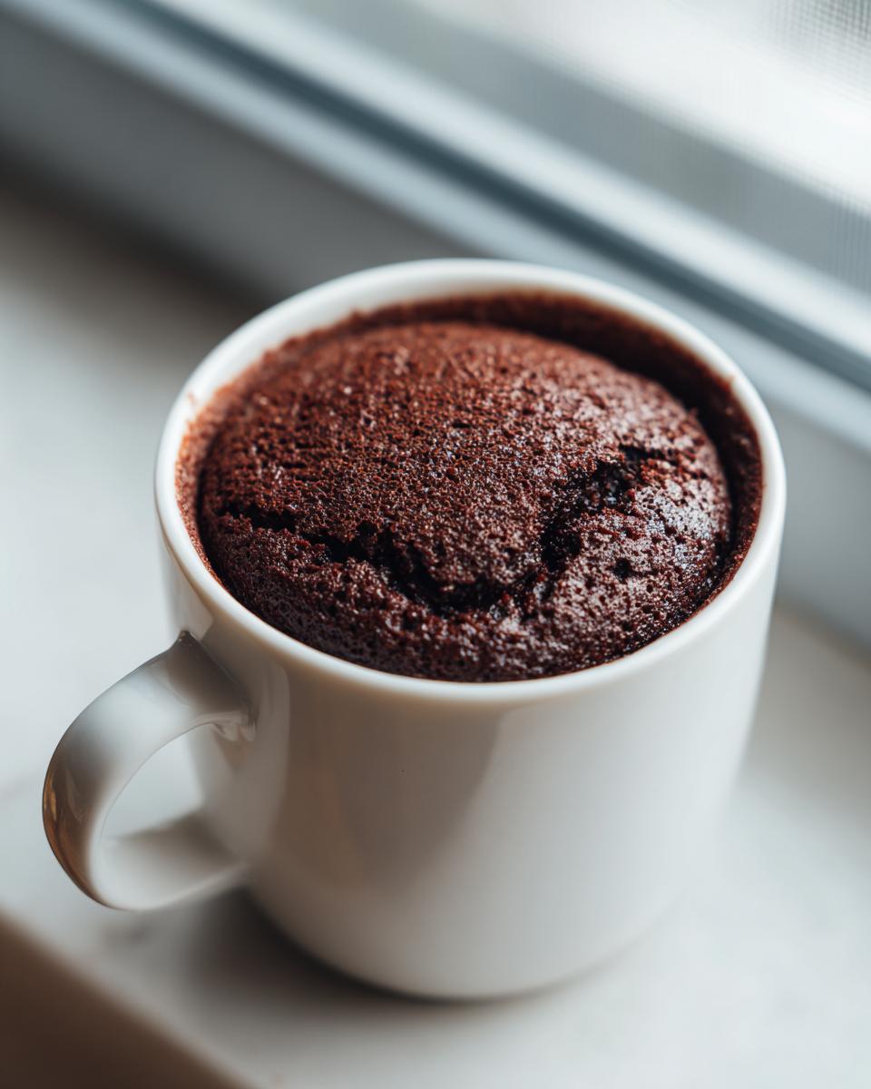 Close-up of a rich, fudgy chocolate mug cake baked perfectly inside a white ceramic mug.