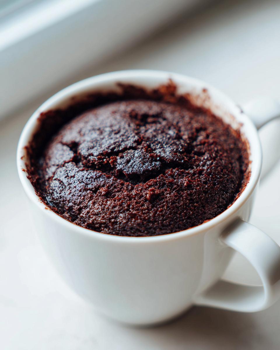 Close-up of a rich, dark chocolate mug cake baked perfectly inside a white ceramic mug.