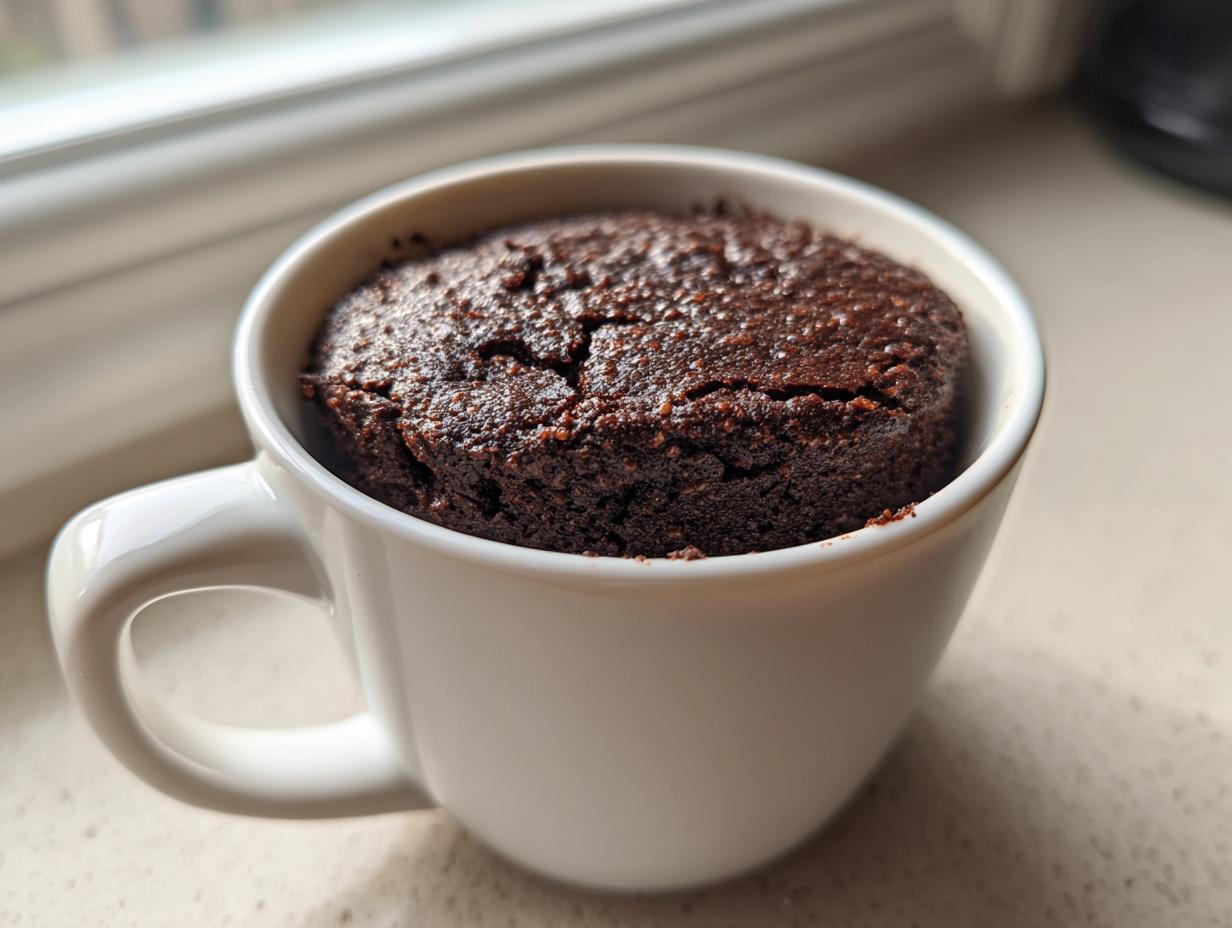 Close-up of a rich, dark chocolate mug cake baked perfectly inside a white ceramic mug.