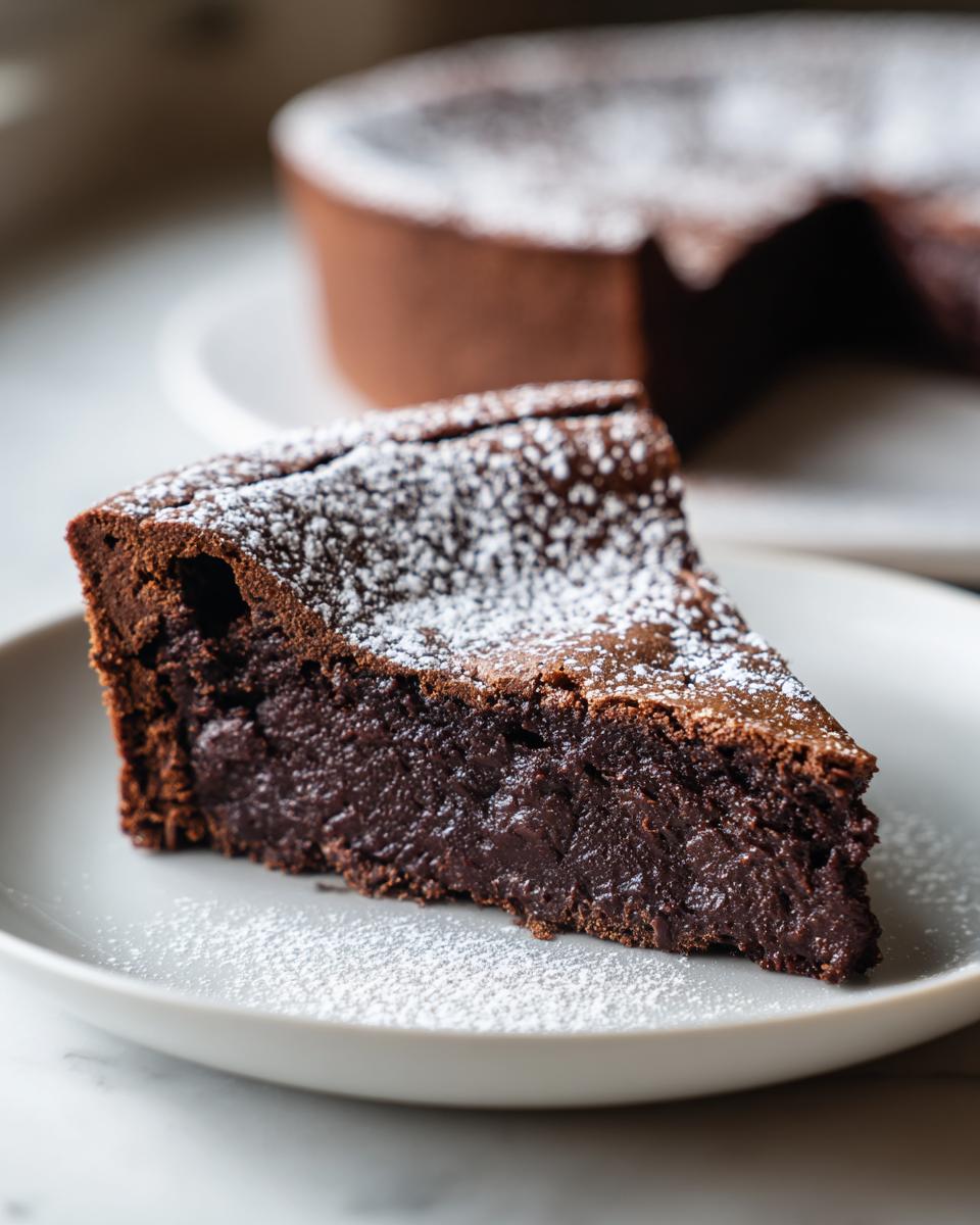 A close-up of a rich, fudgy slice of flourless chocolate cake dusted generously with powdered sugar.