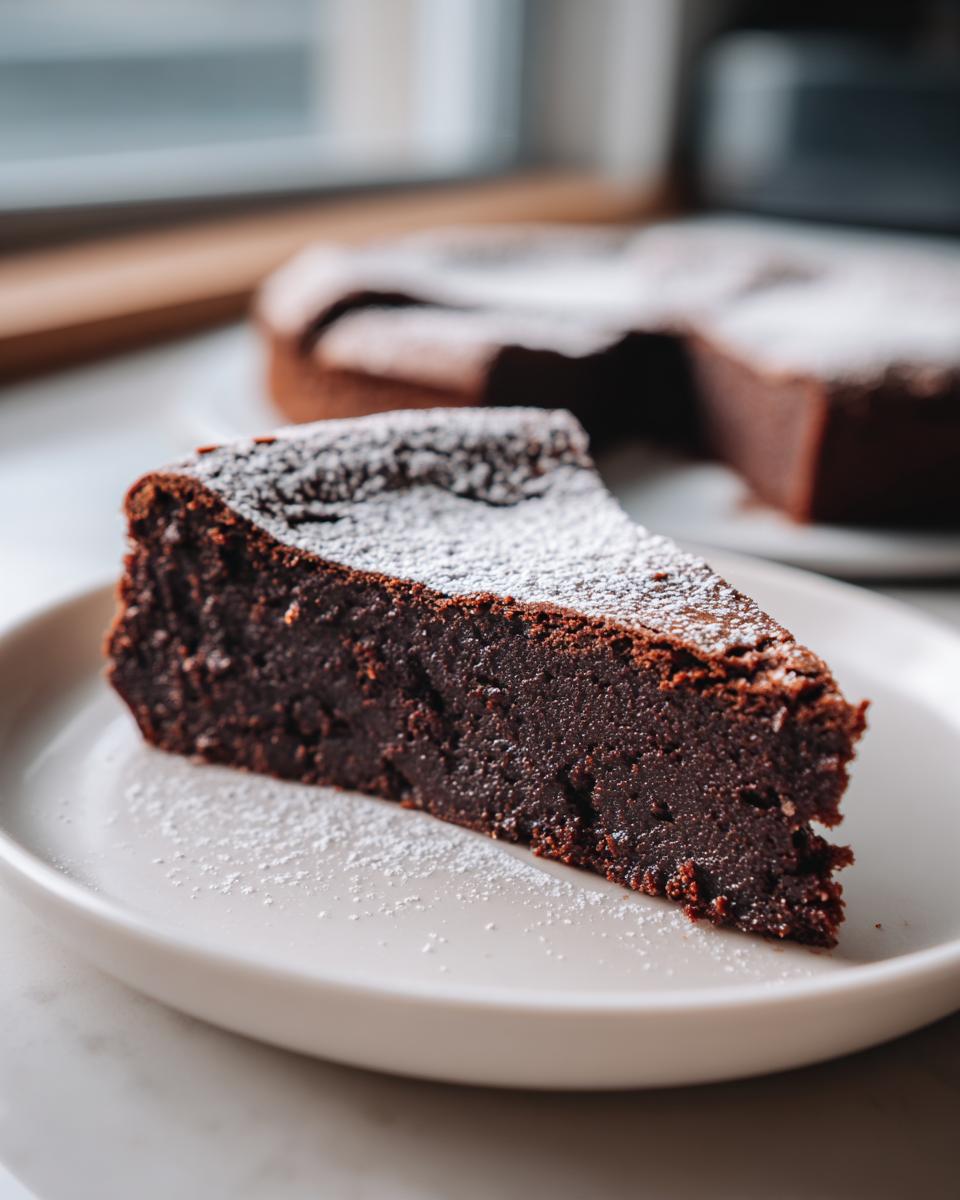 A rich, dark slice of flourless chocolate cake dusted with powdered sugar, served on a white plate.