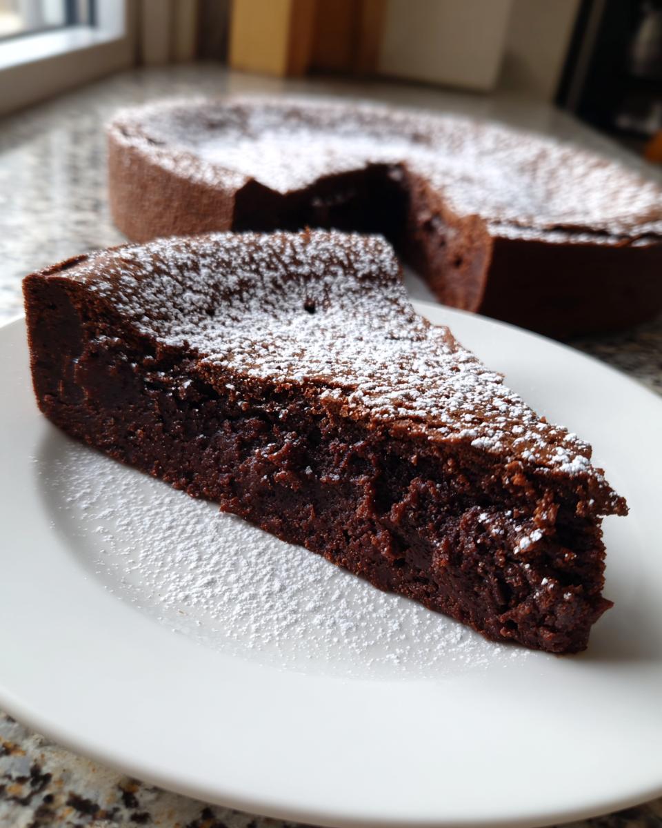 A rich, fudgy slice of flourless chocolate cake dusted with powdered sugar on a white plate.