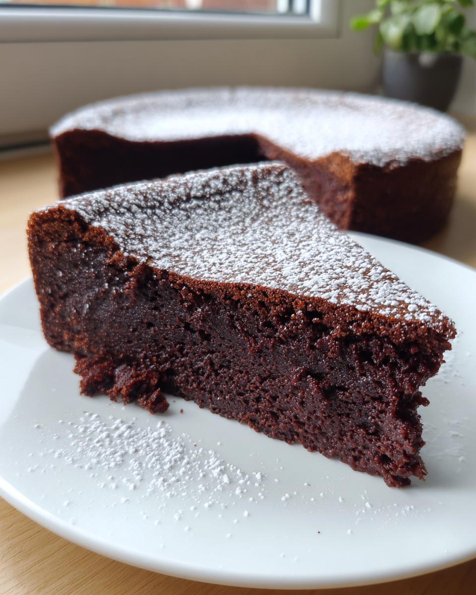 A rich, dark slice of flourless chocolate cake dusted with powdered sugar on a white plate.