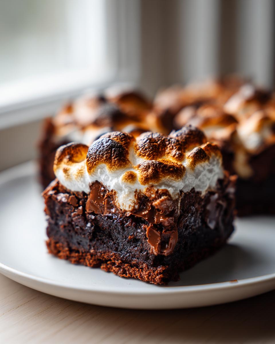 Close-up of a fudgy hot chocolate brownie square topped with perfectly toasted marshmallows.