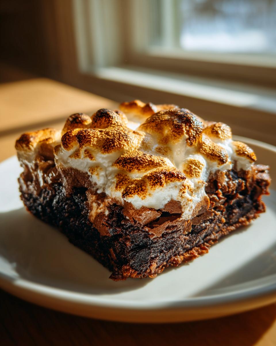 A close-up of a fudgy hot chocolate brownies slice topped with perfectly toasted marshmallows.