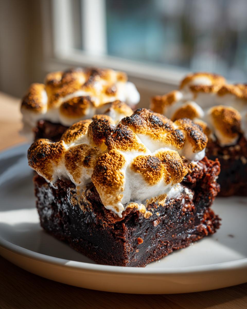Close-up of a fudgy hot chocolate brownie topped with perfectly toasted, golden-brown marshmallows.