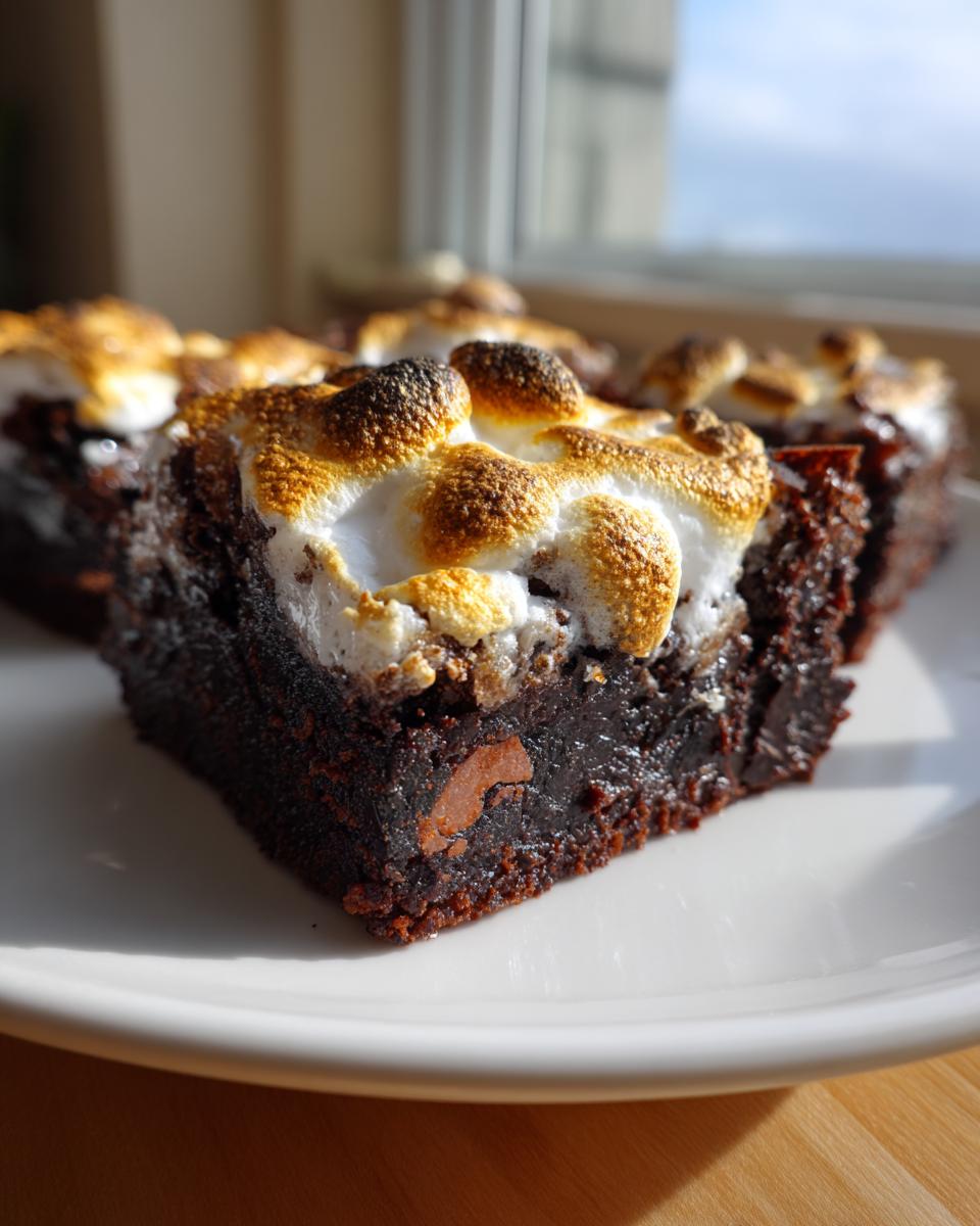 Close-up of a fudgy hot chocolate brownie topped with perfectly toasted marshmallows.