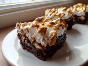 A close-up of a fudgy hot chocolate brownies square topped with perfectly toasted marshmallow meringue.
