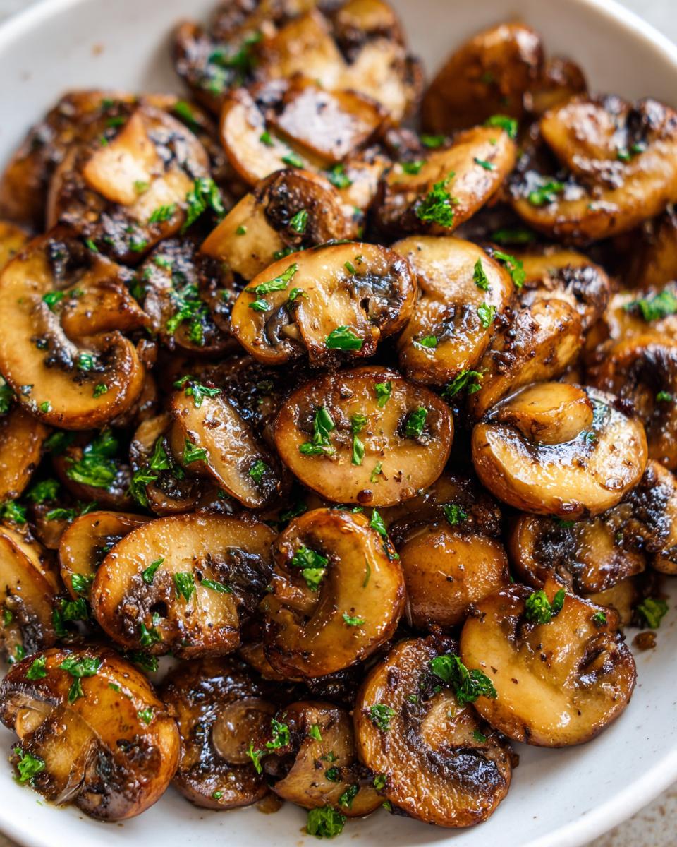 A close-up shot of glistening, sautéed garlic butter mushrooms topped with fresh parsley.
