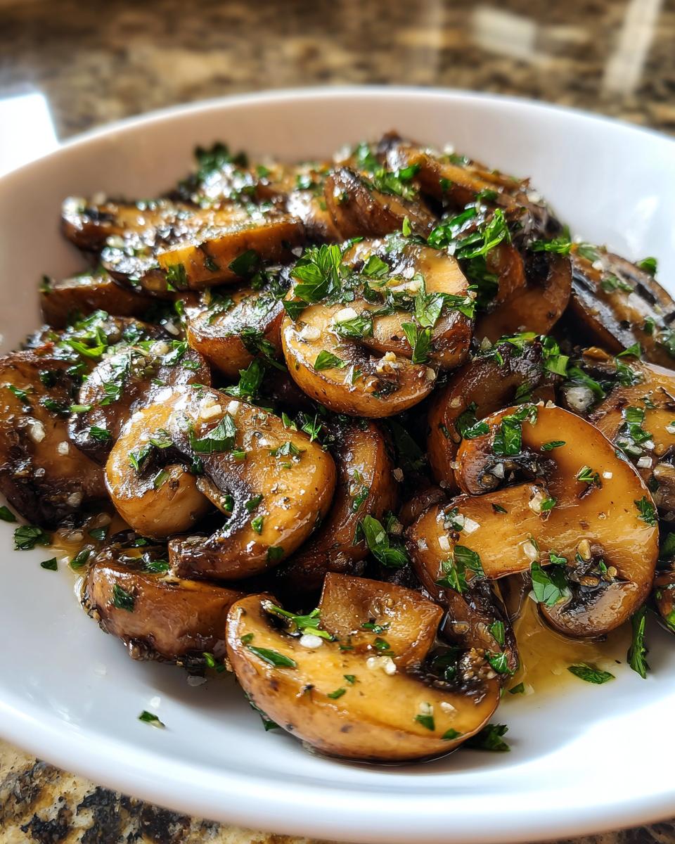 Close-up of sliced, sautéed garlic butter mushrooms generously topped with fresh parsley and garlic.
