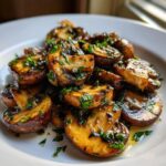 A close-up of glistening, sautéed Garlic Butter Mushrooms, halved and topped with fresh chopped parsley.