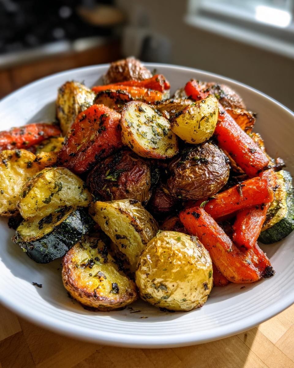 A close-up of a white bowl filled with perfectly roasted Garlic Herb Roasted Veggies, including potatoes, carrots, and zucchini.