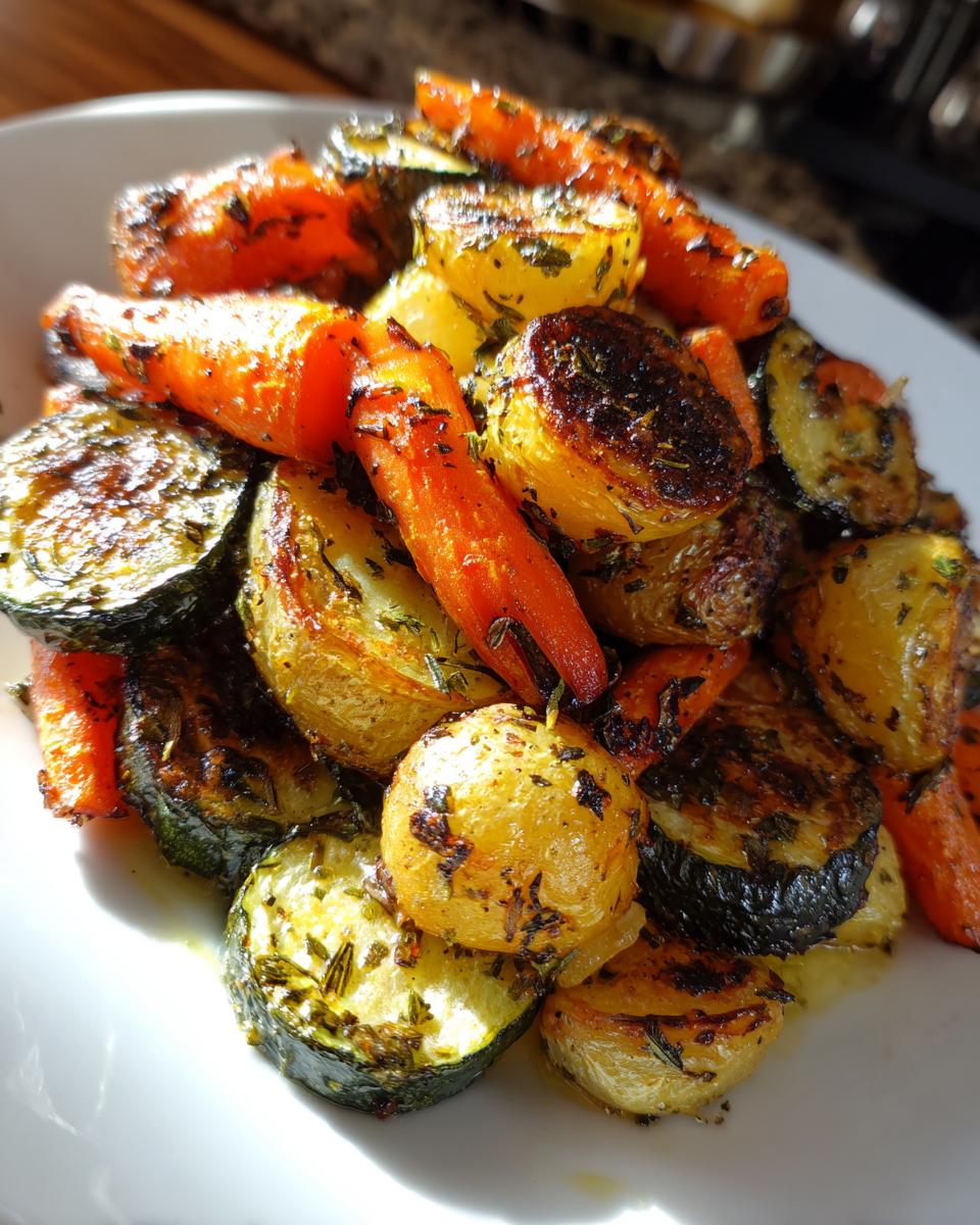 A close-up of vibrant, caramelized Garlic Herb Roasted Veggies including carrots, potatoes, and zucchini slices.