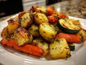 A close-up of perfectly roasted potatoes, carrots, and zucchini seasoned with herbs, showcasing the delicious Garlic Herb Roasted Veggies.