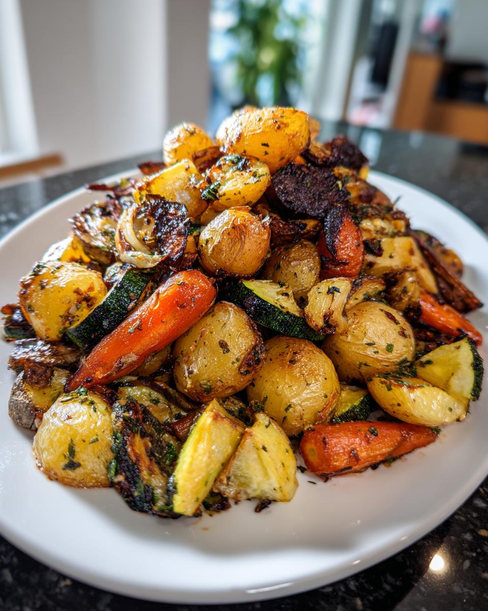 A white plate piled high with golden brown Garlic Herb Roasted Veggies including potatoes, carrots, and zucchini.