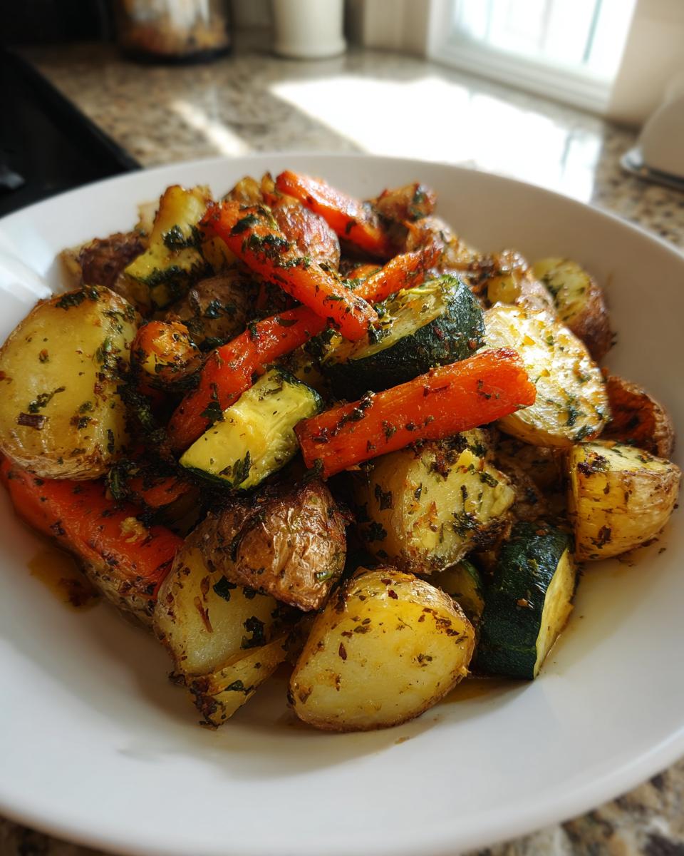 A close-up of a white bowl filled with Garlic Herb Roasted Veggies, including potatoes, carrots, and zucchini, coated in herbs.