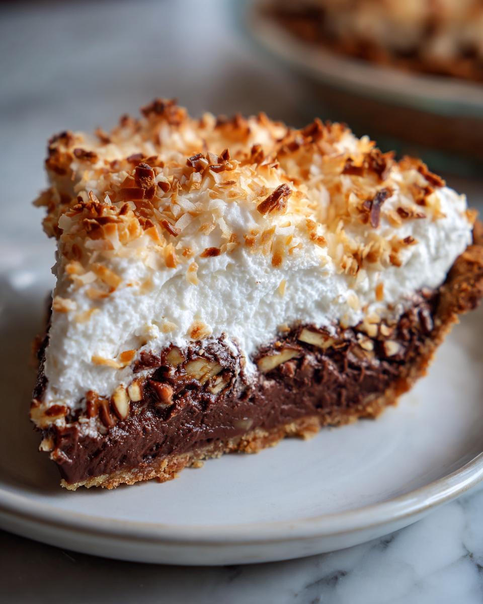 A decadent slice of german chocolate pie featuring a chocolate filling, pecans, whipped topping, and toasted coconut.
