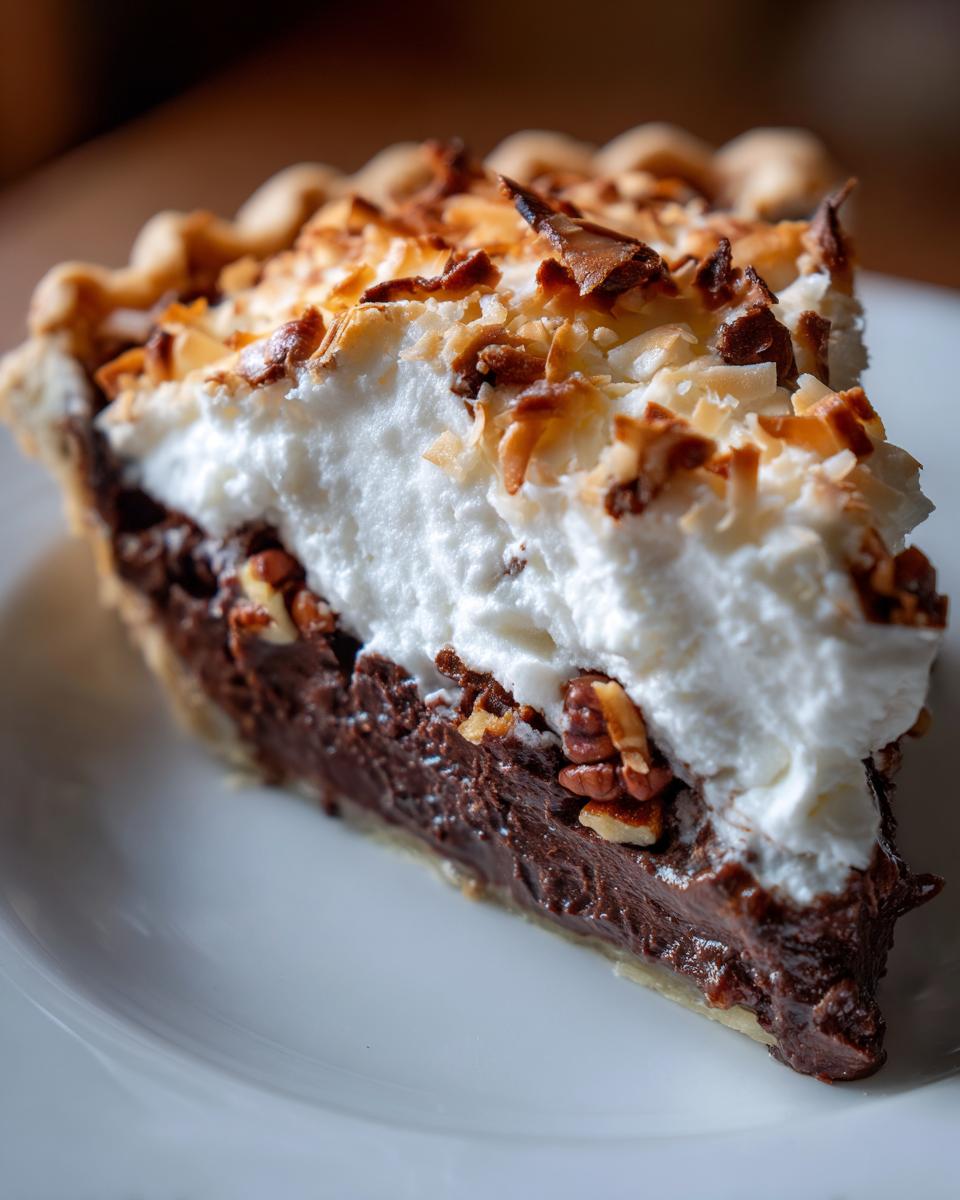Close-up of a decadent slice of german chocolate pie featuring a rich chocolate layer, pecans, and whipped topping with toasted coconut.