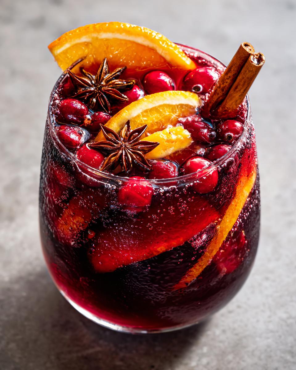 Close-up of a glass filled with dark red holiday sangria, garnished with cranberries, orange slices, star anise, and a cinnamon stick.