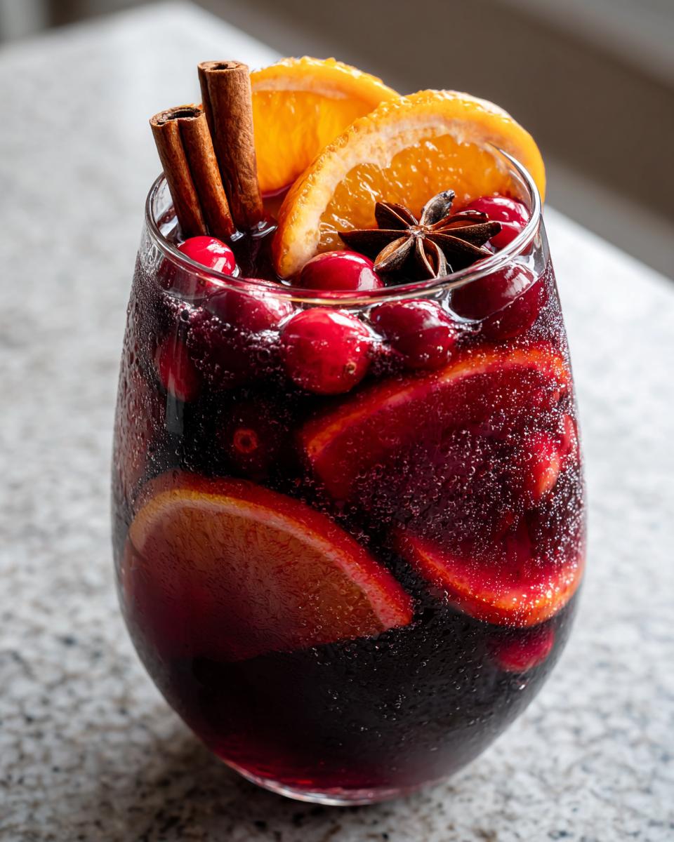 Close-up of a glass filled with bubbling holiday sangria, garnished with orange slices, cranberries, cinnamon sticks, and star anise.